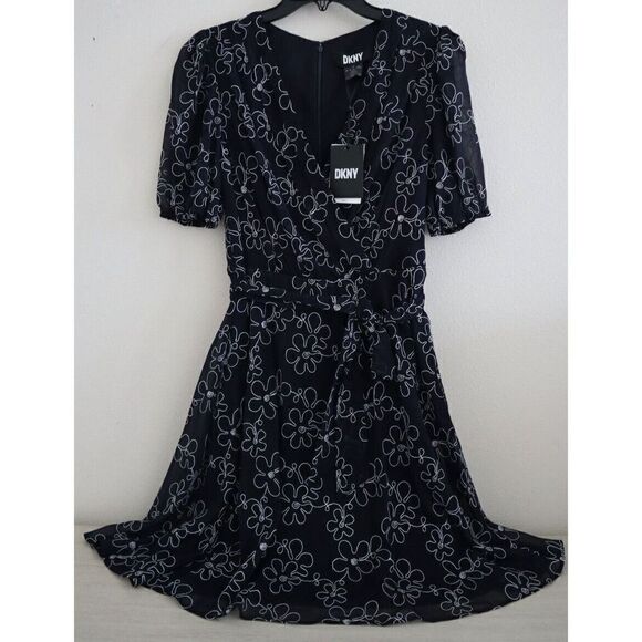 DKNY DD2F3346 Women's Sz 6 Black Embroidered Faux-Wrap Sheer-Sleeve Dress $139+ - Picture 1 of 16